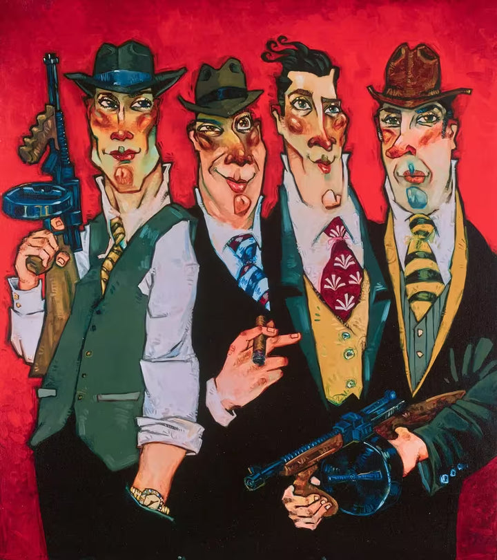 A Todd White limited edition piece of four men with guns and cigars, the title is Gangstas