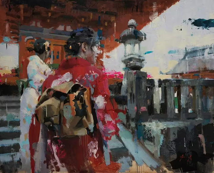 A limited edition piece by Christin Hook of a traditional temple with two geishas seen from behind, the title is Geishas At Dera Temple