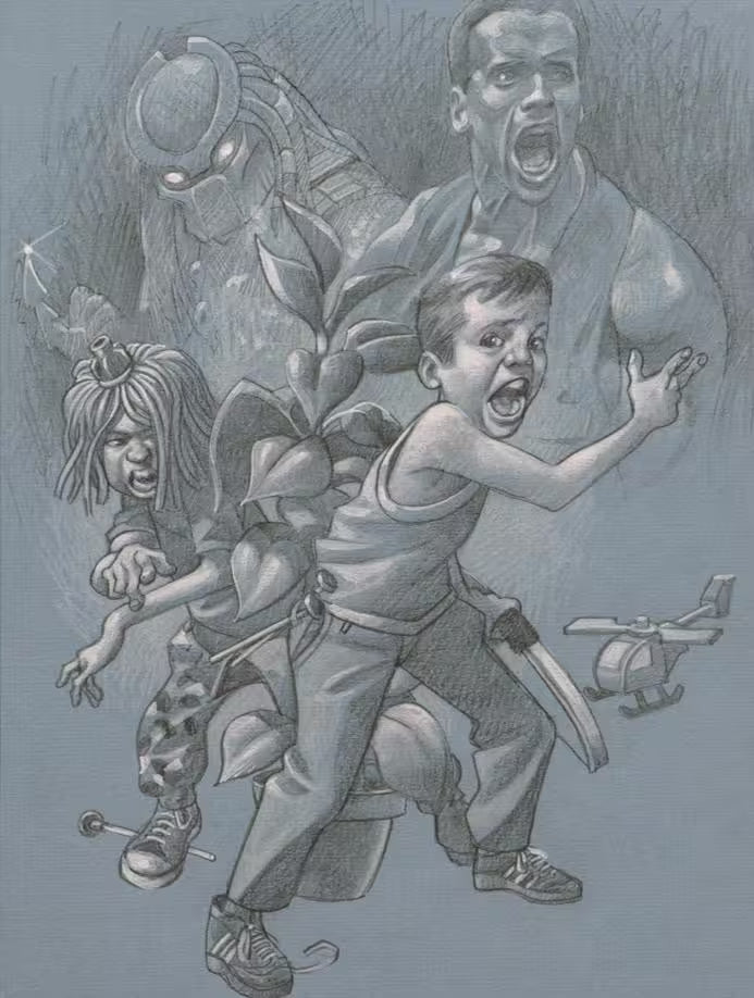 A Craig Davison limited edition of two boys playing pretend with a helicopter and a plant, the title is Get To Da Chopper! (Sketch)