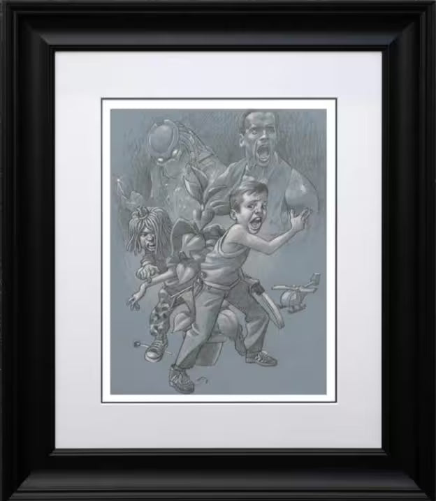 A Craig Davison limited edition of two boys playing pretend with a helicopter and a plant, the title is Get To Da Chopper! (Sketch)