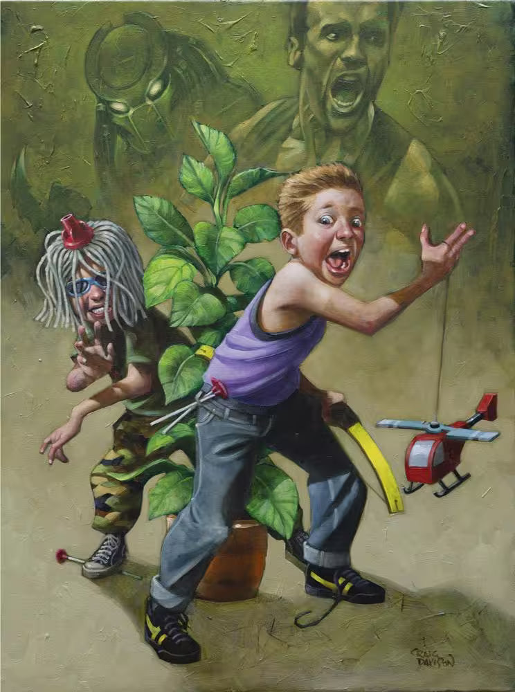 A Craig Davison limited edition of two young boys playing pretend with helicopter and a plant, the title is Get To Da Chopper!