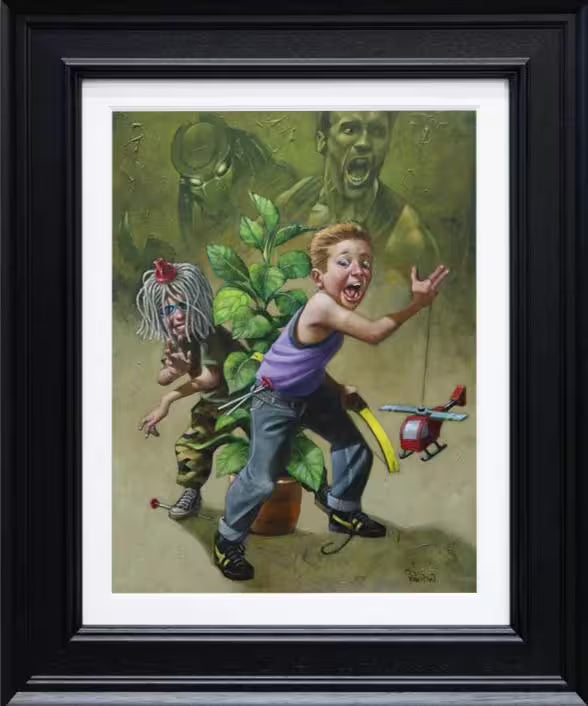 A Craig Davison limited edition of two young boys playing pretend with helicopter and a plant, the title is Get To Da Chopper!