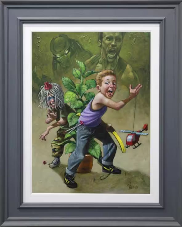 A Craig Davison limited edition of two young boys playing pretend with helicopter and a plant, the title is Get To Da Chopper!