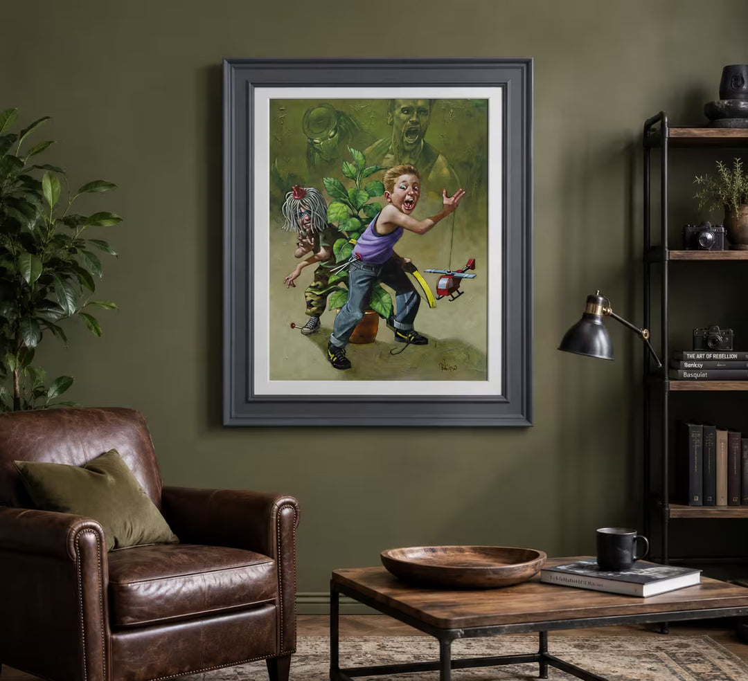 A Craig Davison limited edition of two young boys playing pretend with helicopter and a plant, the title is Get To Da Chopper!