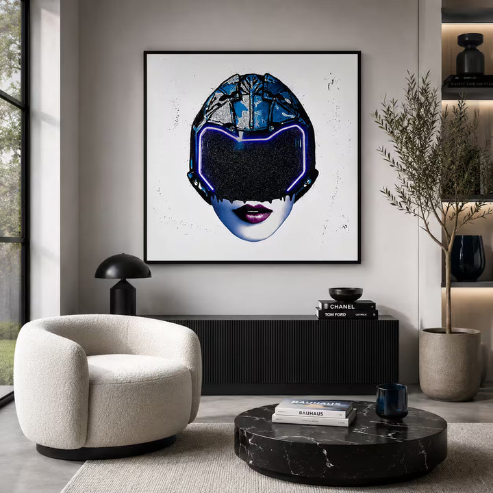A Maxim limited edition piece of a woman with a helmet on, the title is Girls Future (Blue)