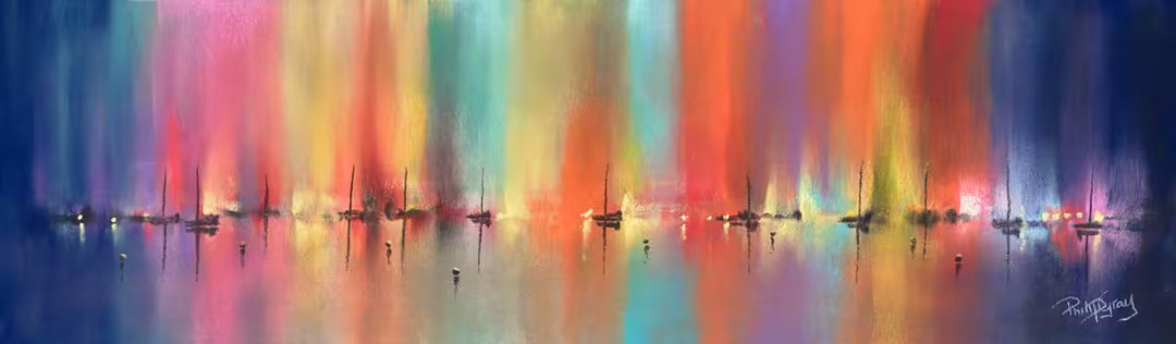 A Philip Gray original of some boats at a harbour with bright lights shining from them, the title is Glow Over the Harbour