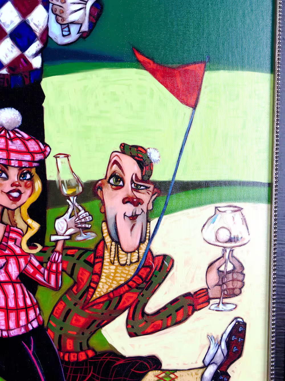 Cartoon-style illustration of a man and woman at a bar with a red flag. Golf Balls from Todd White