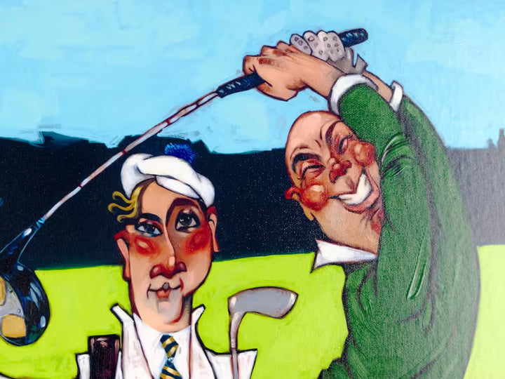 Cartoon-style illustration of two golfers with exaggerated facial features on a golf course. A close up of the limited edition Golf Balls from Todd White