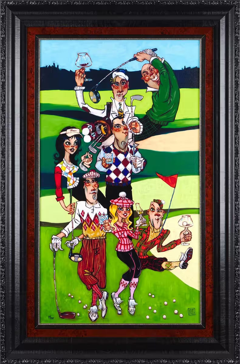 Cartoon-style painting of a golfing scene with colorful characters on a green field. Golf Balls in frame from Todd White