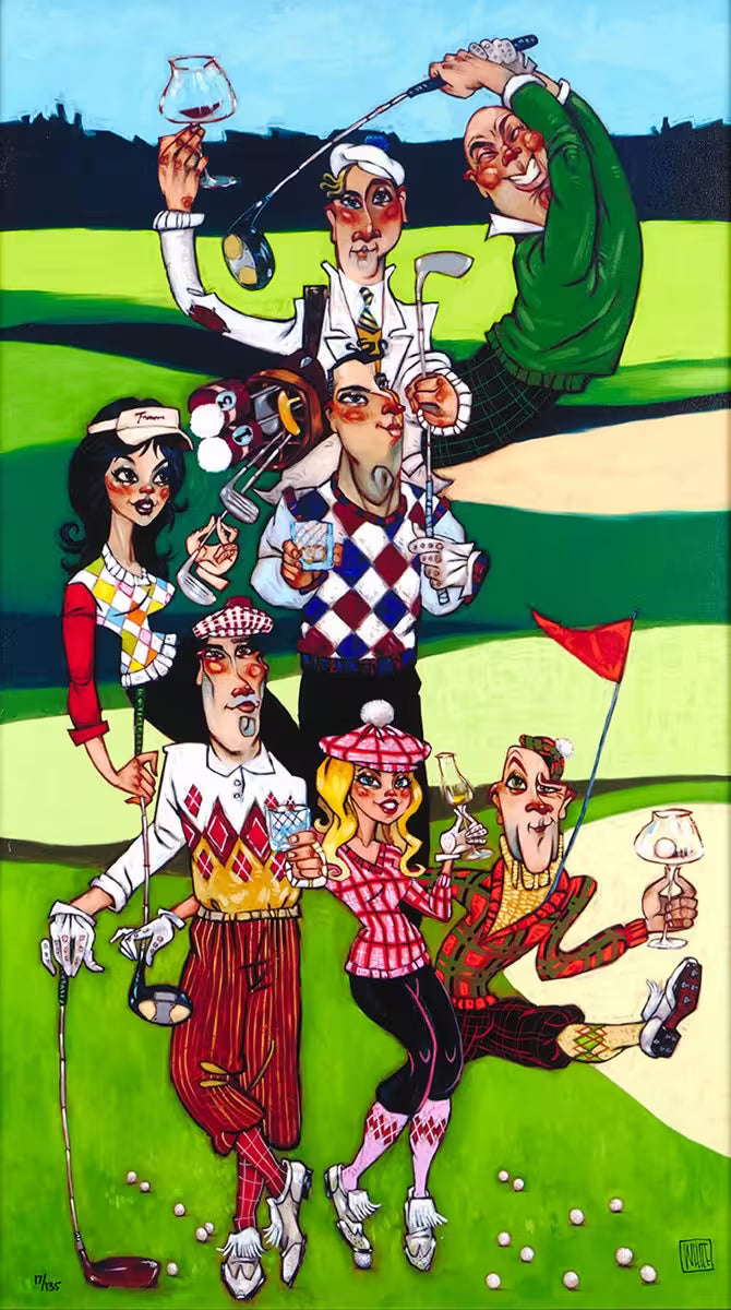 A Todd White limited edition of a group of male and female golfers who are all brightly dressed, the title is Gold Balls