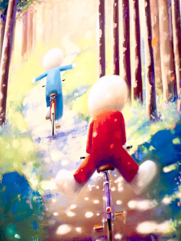 A Doug Hyde limited edition of two people riding bikes through a sunny forest, the title is Good Times Ahead