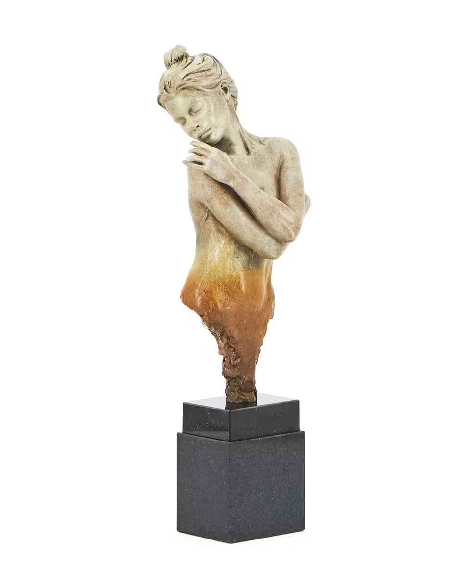 A Sherree Valentine Daines bronze sculpture of a woman body holding herself, the title is Graceful Dreamer