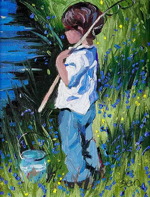 A Sherree Valentine Daines limited edition of a little boy stood by a stream, the title is Great Expectations