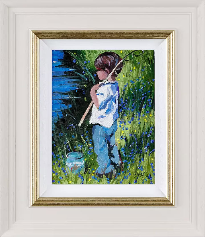 A Sherree Valentine Daines framed limited edition of a little boy stood by a stream, the title is Great Expectations