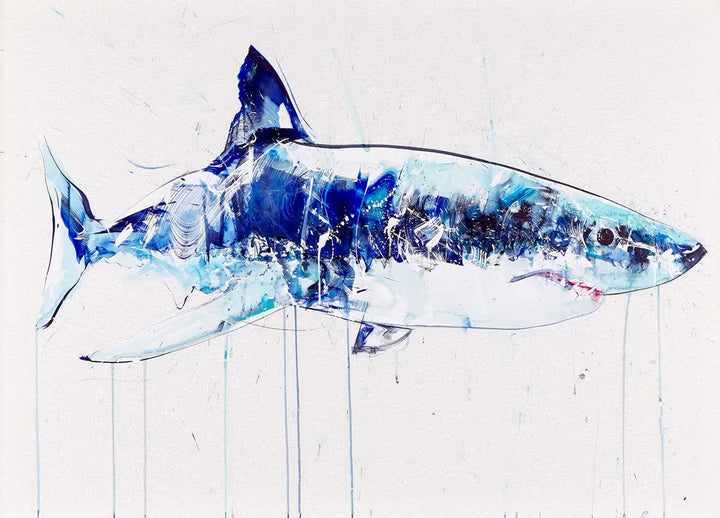 A Dave White limited edition piece of a blue shark, the title is Great White