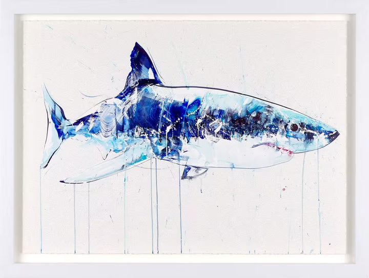 A Dave White limited edition piece of a blue shark, the title is Great White