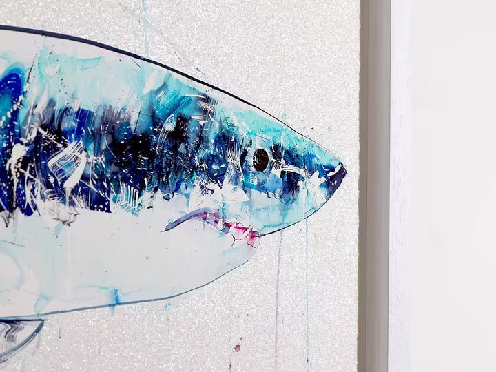 A Dave White limited edition piece of a blue shark, the title is Great White