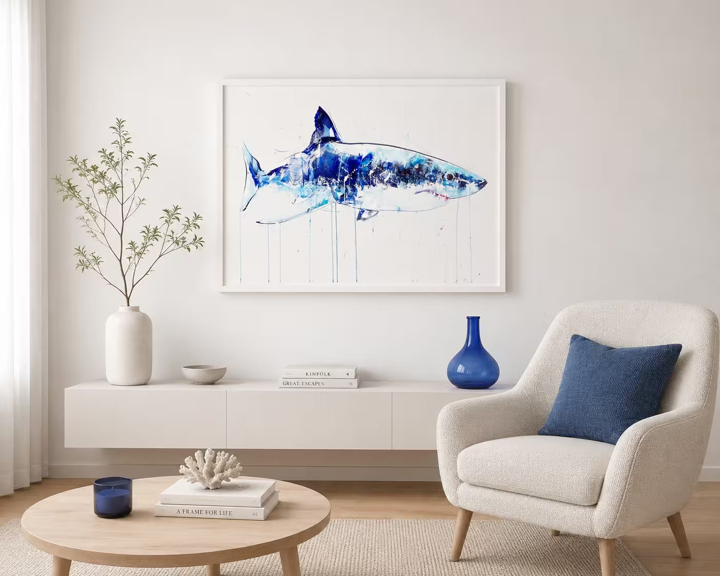 A Dave White limited edition piece of a blue shark, the title is Great White