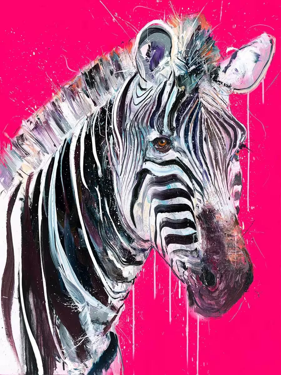 A Dave White limited edition of a zebra against a pink background, the title is Grevy's Zebra I