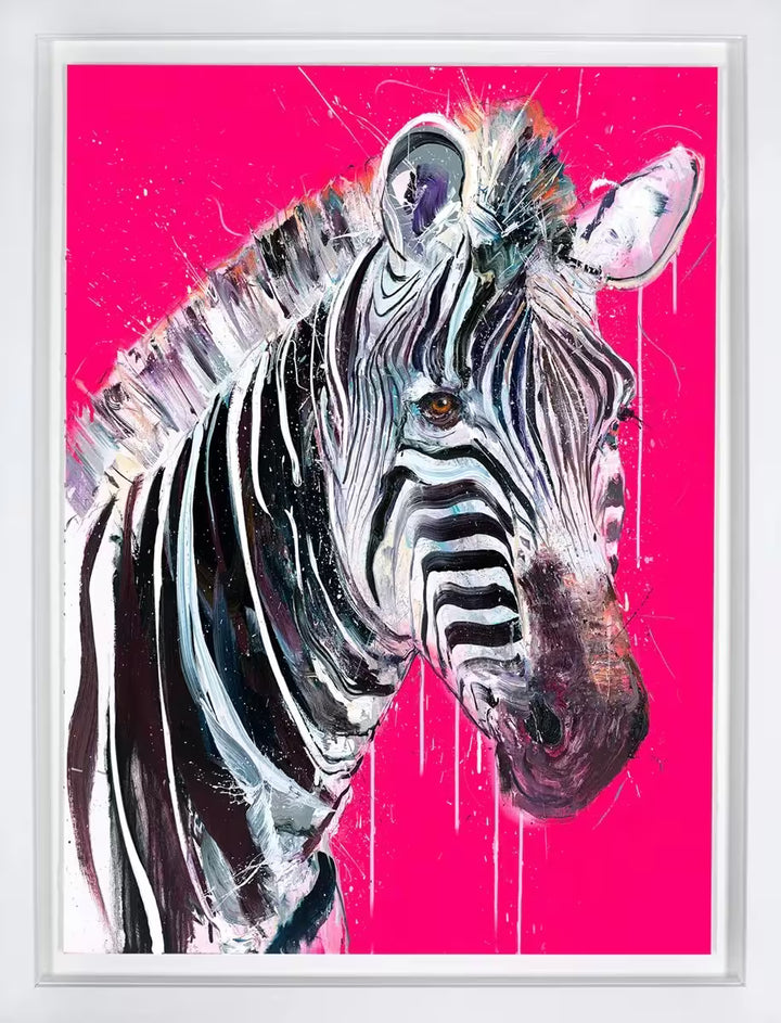 A Dave White limited edition of a zebra against a pink background, the title is Grevy&