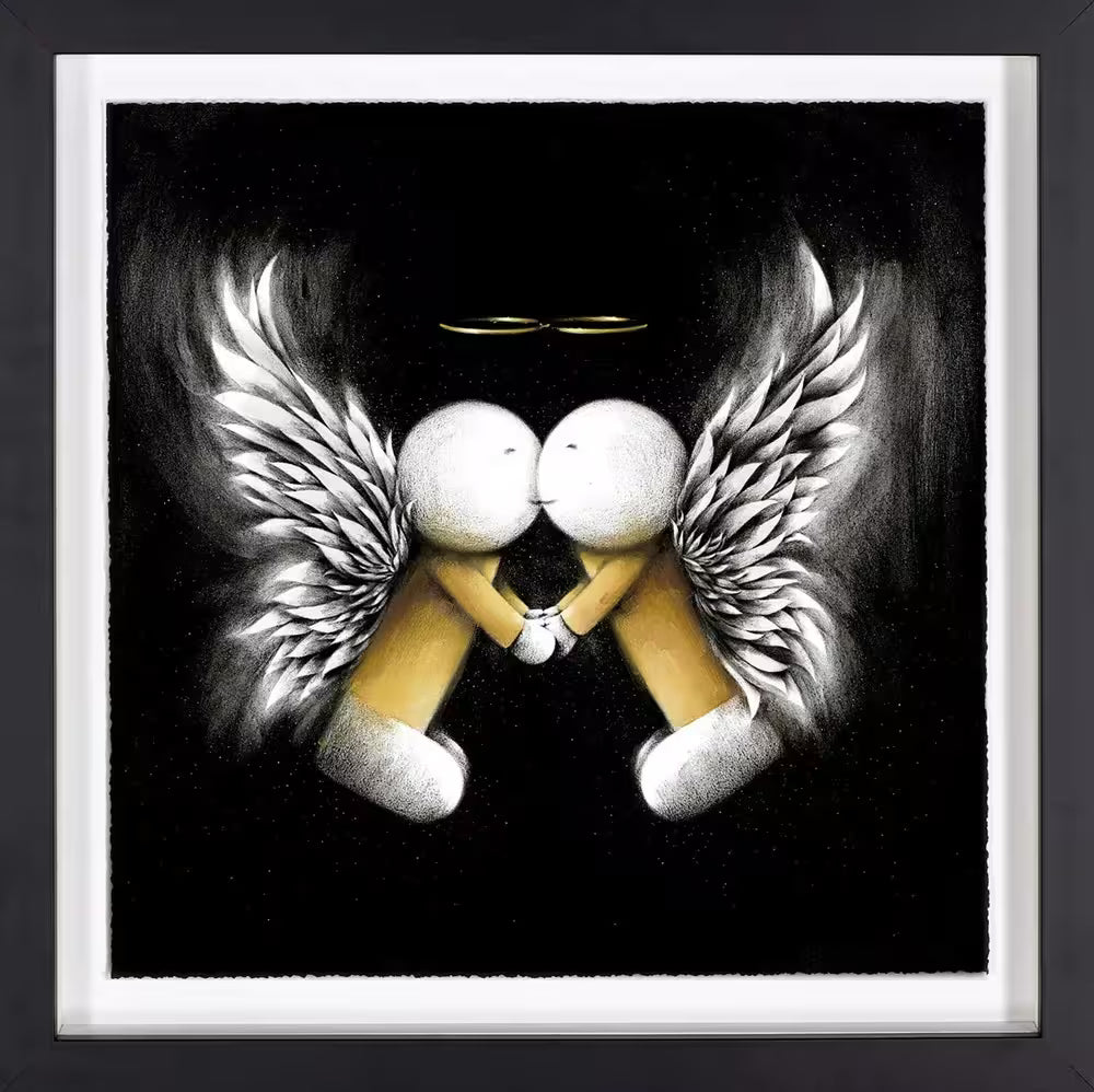 A Doug Hyde limited edition print framed, two guardian angels with wings and gold halos holding hands and kissing, the title is Guardians of Love