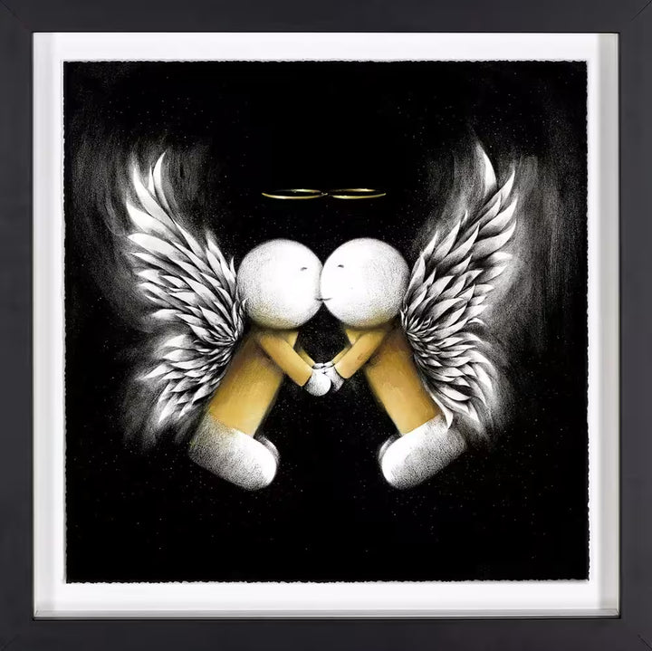 A Doug Hyde limited edition print framed, two guardian angels with wings and gold halos holding hands and kissing, the title is Guardians of Love