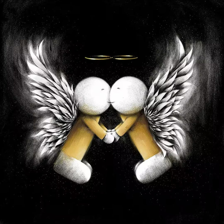 A Doug Hyde limited edition print, two guardian angels with wings and gold halos holding hands and kissing, the title is Guardians of Love