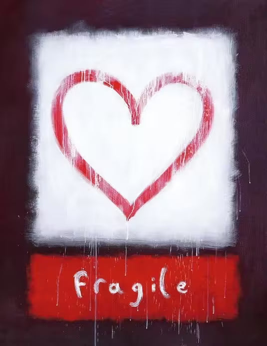 A Doug Hyde limited edition print, a painted red heart on a white background with the word 'fragile' written inside a red box, the title is Handle With Care
