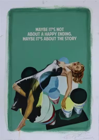 A limited edition print by The Connor Brothers of a lady in a dramatic pose with a witty line above her, the title is Happy Ending (Green)