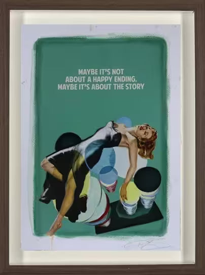 A limited edition framed print by The Connor Brothers of a lady in a dramatic pose with a witty line above her, the title is Happy Ending (Green)