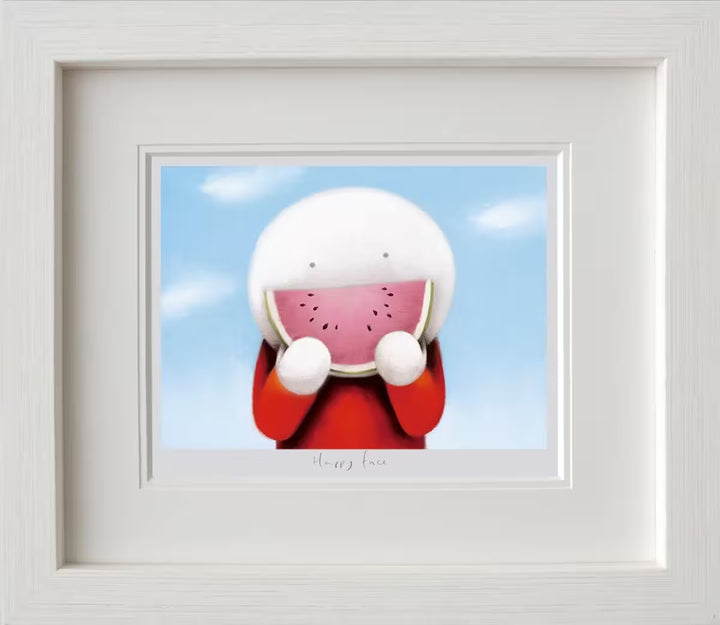 A Doug Hyde limited edition framed, a person in red with a watermelon in front of their mouth replacing their smile, the title is Happy Face
