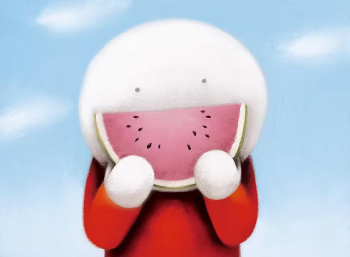 A Doug Hyde limited edition, a person in red with a watermelon in front of their mouth replacing their smile, the title is Happy Face
