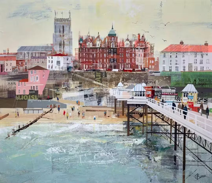 A Tom Butler limited edition hand embellished print of Cromer, it shows a collage of Cromer Pier with the surrounding buildings behind, the title is Happy Holidays Cromer