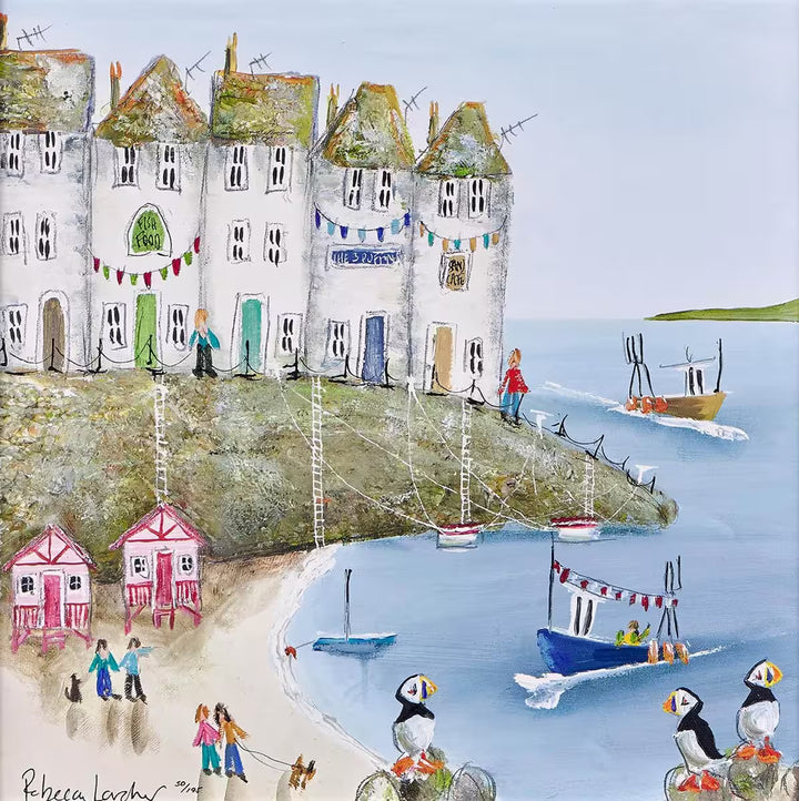 A Rebecca Lardner limited edition of a row of houses behind a beach with pink beach huts and boats pulling in, the title is Harbour Hideaway I