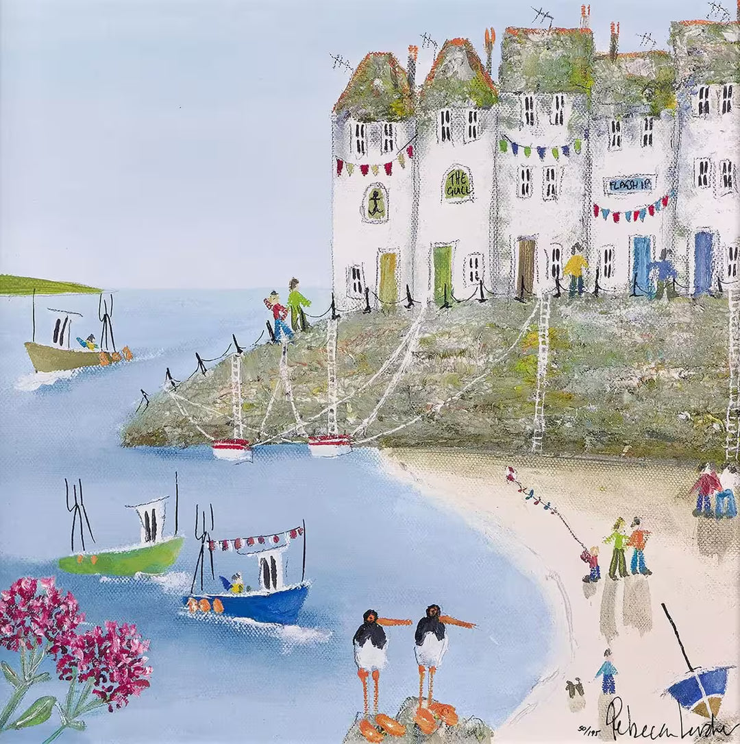 A Rebecca Lardner limited edition of a few houses on a stone cliff behind a beach with boats pulling in and people, the title is Harbour Hideaway II