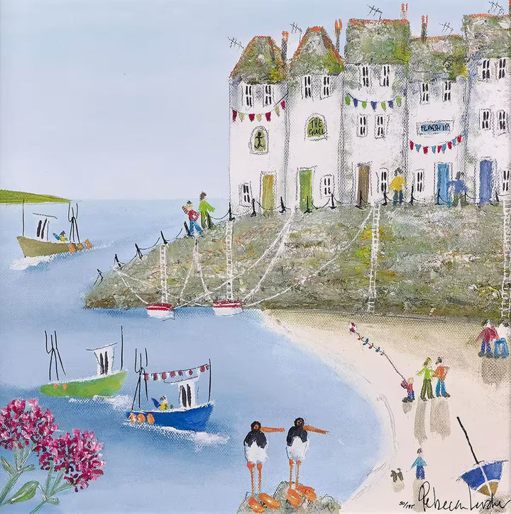 A Rebecca Lardner limited edition of a few houses on a stone cliff behind a beach with boats pulling in and people, the title is Harbour Hideaway II
