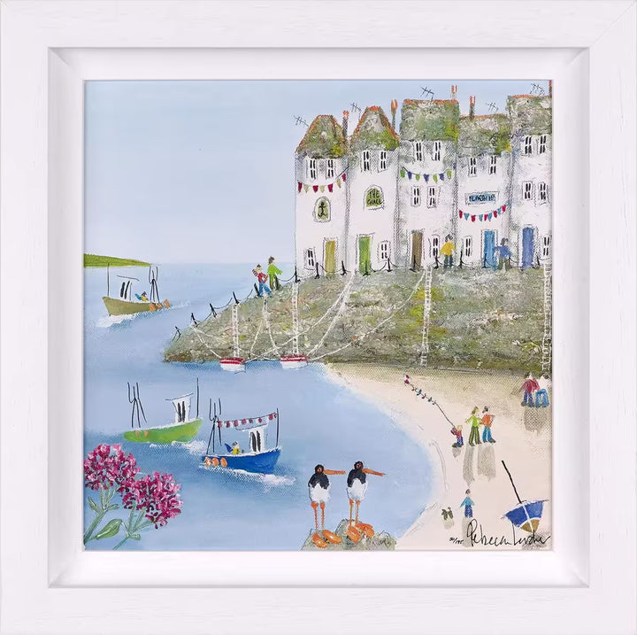 A Rebecca Lardner limited edition of a few houses on a stone cliff behind a beach with boats pulling in and people, the title is Harbour Hideaway II