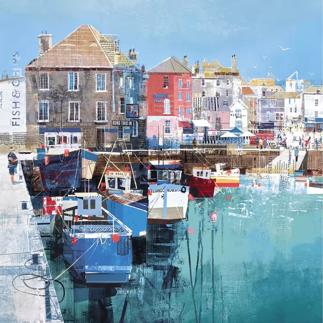 A Tom Butler limited edition collage of Padstow, Cornwall. There are boats docked and some buildings behind, all collaged with local magazine and newspapers, the title is Harbour Sun