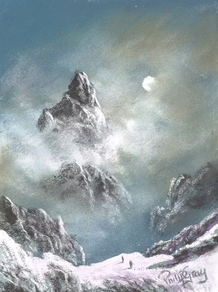 Painting of a mountain landscape with a person walking on a snow-covered path. Heading Upwards III by Philip Gray