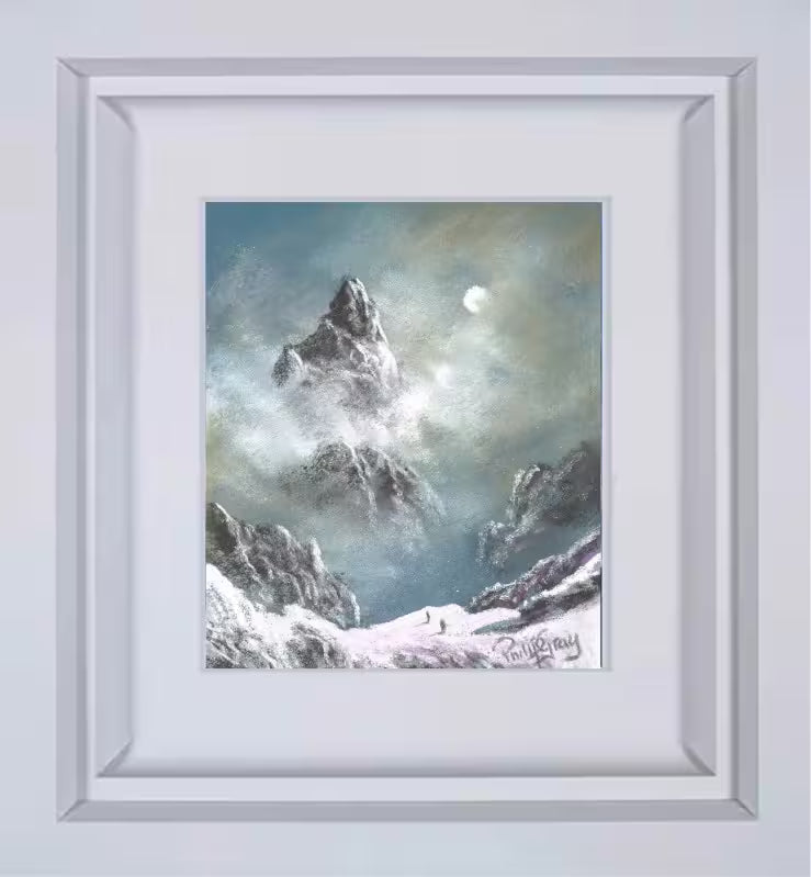 Framed painting of a snowy mountain landscape with a moonlit sky. Heading Upwards III by Philip Gray