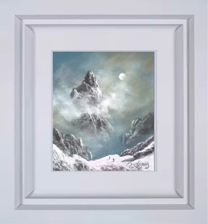 Framed painting of a snowy mountain landscape with a moonlit sky. Heading Upwards III by Philip Gray
