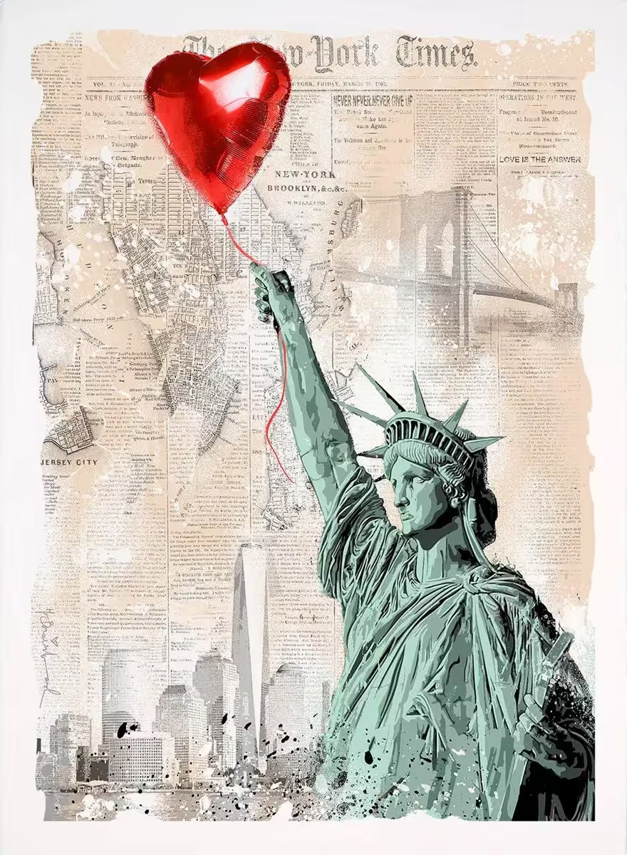 A Mr Brainwash limited edition print of the Statue of Liberty holding onto a red heart balloon against a background made of newspaper clippings of New York, the title is Heart and Soul