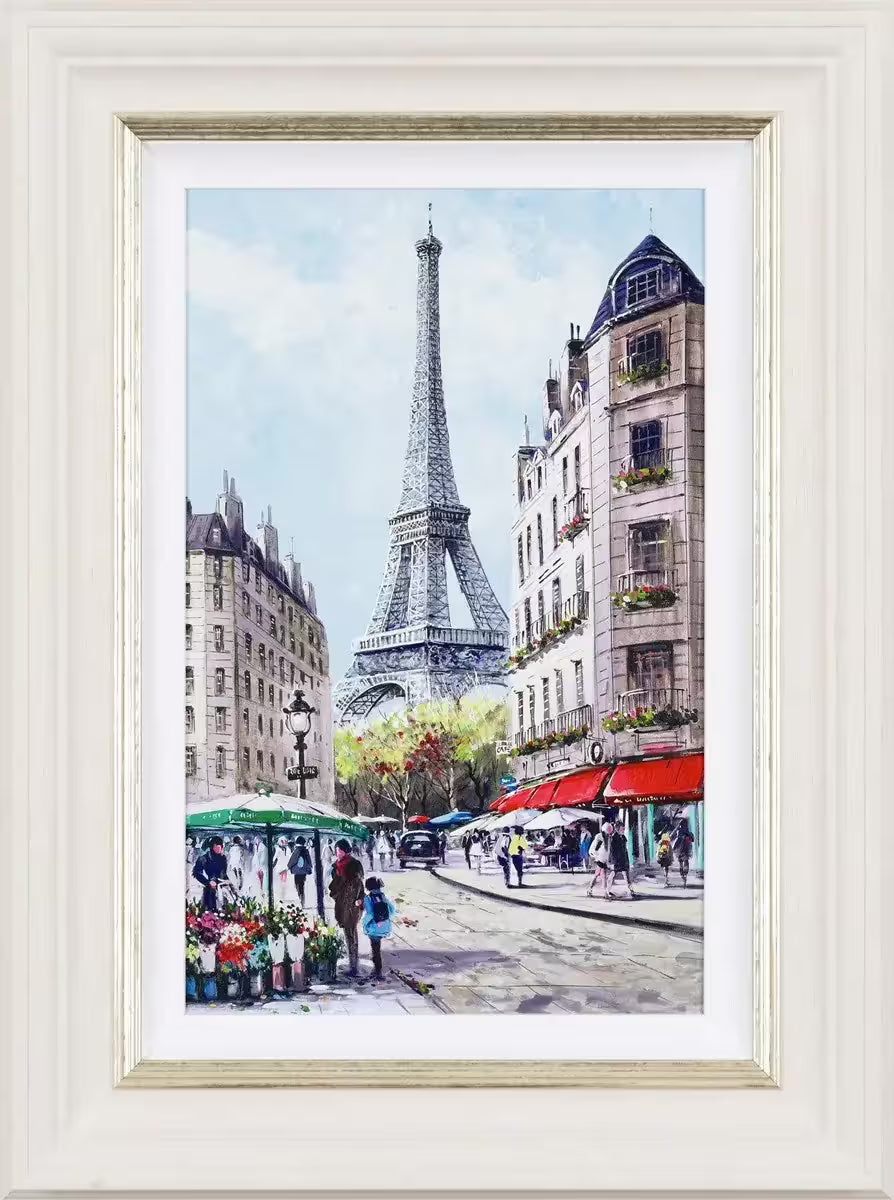 A Henderson Cisz limited edition piece of the Eiffel Tower from a Paris market corner, the title is Heart of the City I