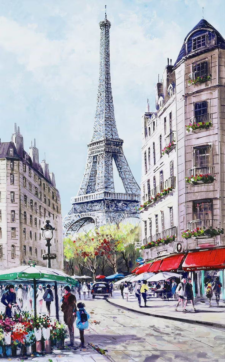 A Henderson Cisz limited edition piece of the Eiffel Tower from a Paris market corner, the title is Heart of the City I