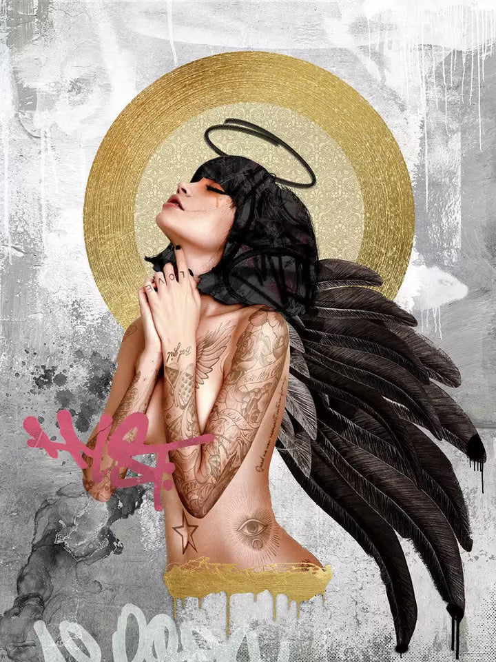 A Matt Herring limited edition of an angel with black hair and black wings, the title is Heavenly Desire