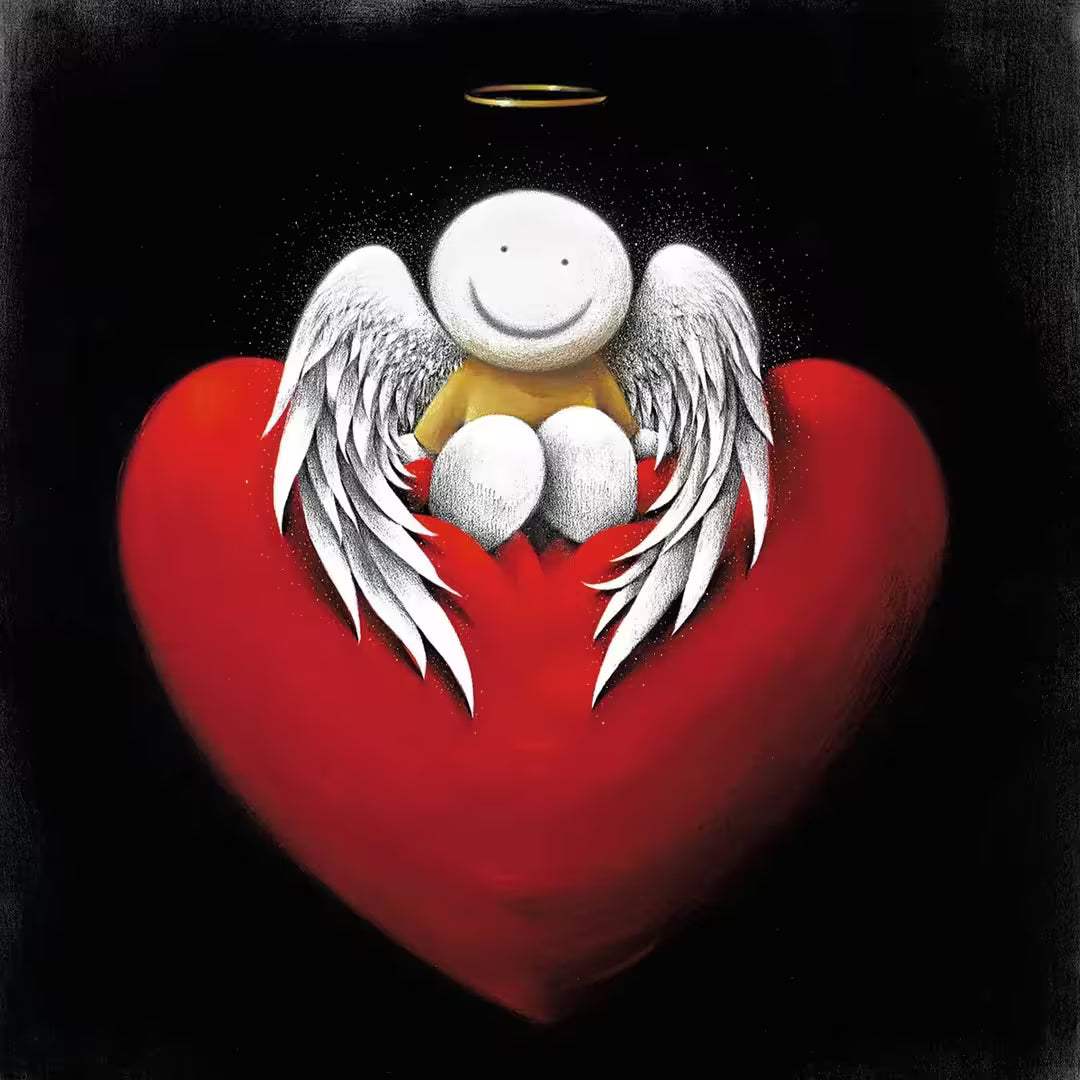 A Doug Hyde limited edition print, an angel in gold with wings and a halo sat on top of a red heart, the title is Heavenly Love