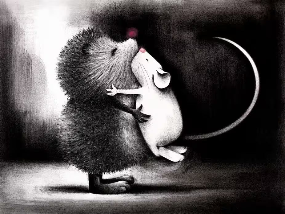 A Doug Hyde limited edition black and white of a Hedgehog with a purple nose hugging a little white mouse with a pink nose, the title is Hedge Hugs