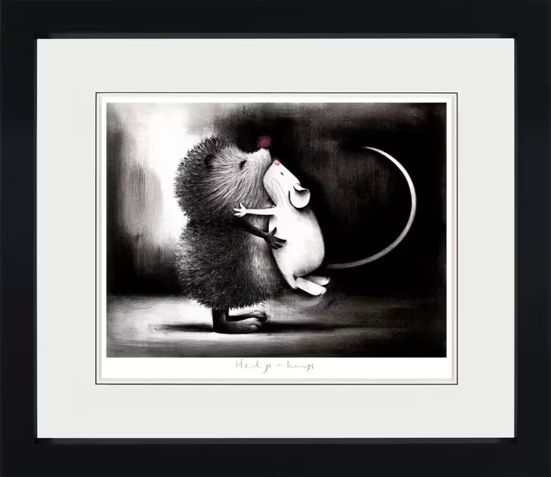 A Doug Hyde limited edition framed black and white of a Hedgehog with a purple nose hugging a little white mouse with a pink nose, the title is Hedge Hugs