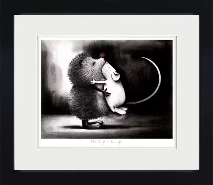 A Doug Hyde limited edition framed black and white of a Hedgehog with a purple nose hugging a little white mouse with a pink nose, the title is Hedge Hugs