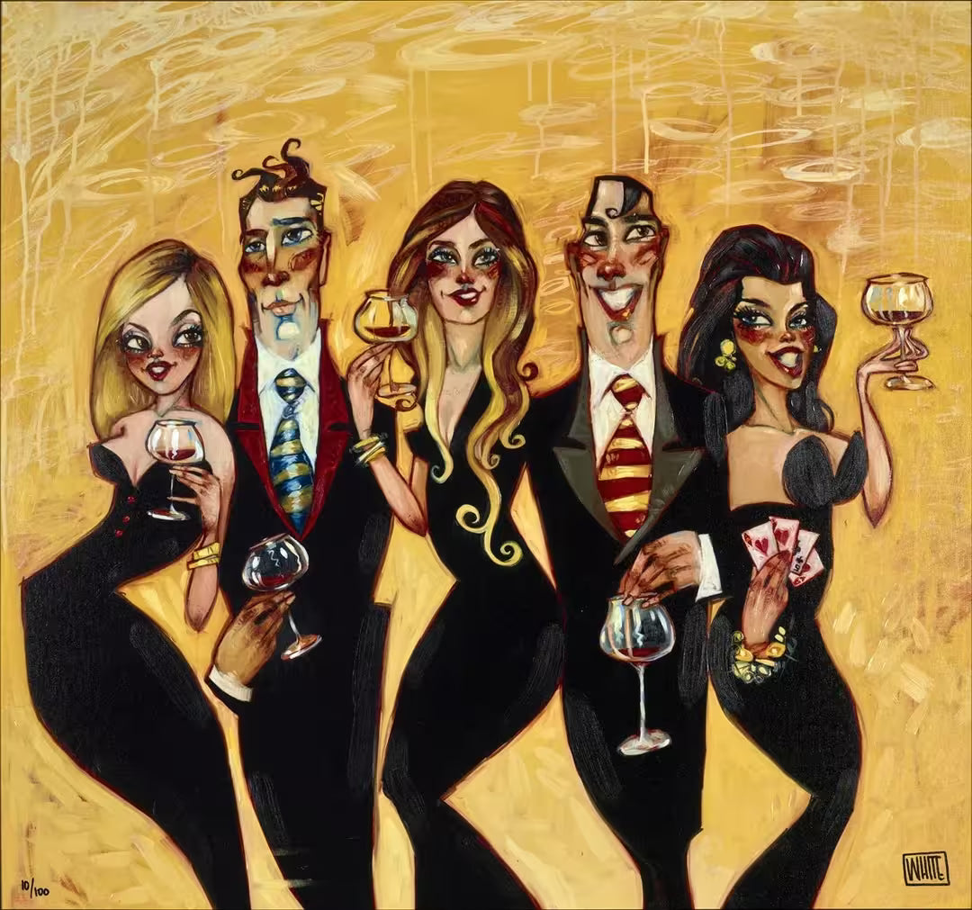 A Todd White limited edition of a group of men and women all in black and holding wine glasses, the title is Heights of Your Halos